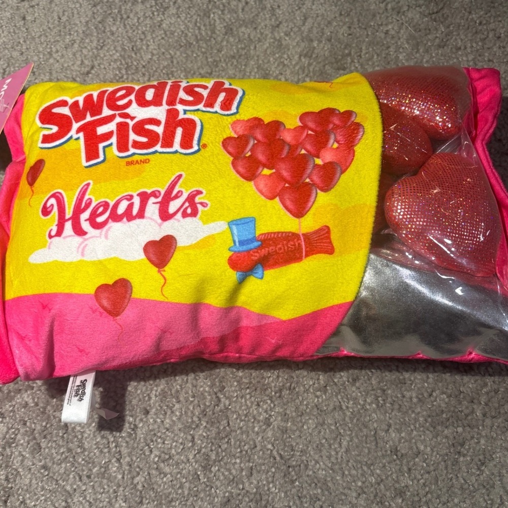 Swedish Fish Plush Pillow Bag Removable Glitter Hearts Pink Yellow Novelty OS